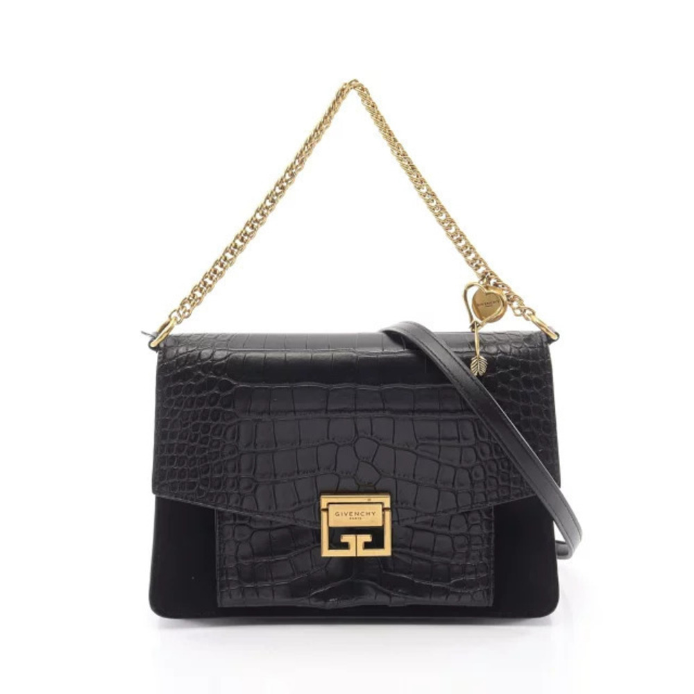 Givenchy Crocodile Embossed Shoulder Bag Leather Suede Black